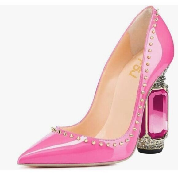 FSJ Pink Rivets Pointed Toe Crystal Heel Pumps Slip on Wedding Thick Dress Shoes - Picture 1 of 8